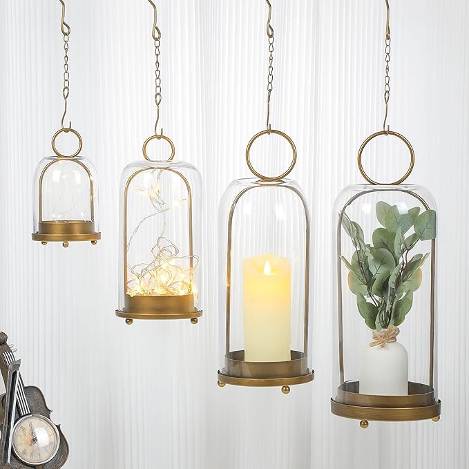 16" High Versatile Modern Metal Hurricane Lantern with Handmade Sturdy Glass Dome for Pillar Candle & Plants (Brass, 6.3"x16.5")