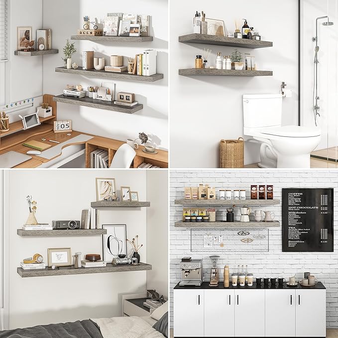 RICHFOCUS 40Inch Floating Shelves for Wall 2 Pack Shelves for Bedroom|Kitchen|Bathroom Wall Mounted Rustic Wood Floating Shelf with Invisible Brackets for Books|Storage|Decor, Grey