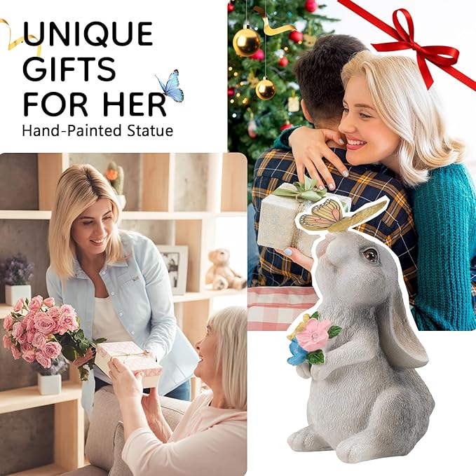 Solar Bunny Statues Light with Butterfly LED - Auto On/Off Weathproof Resin Garden Figurine Decor Gift for Pathway, Patio & Mom's Flower Bed (Warm Light)