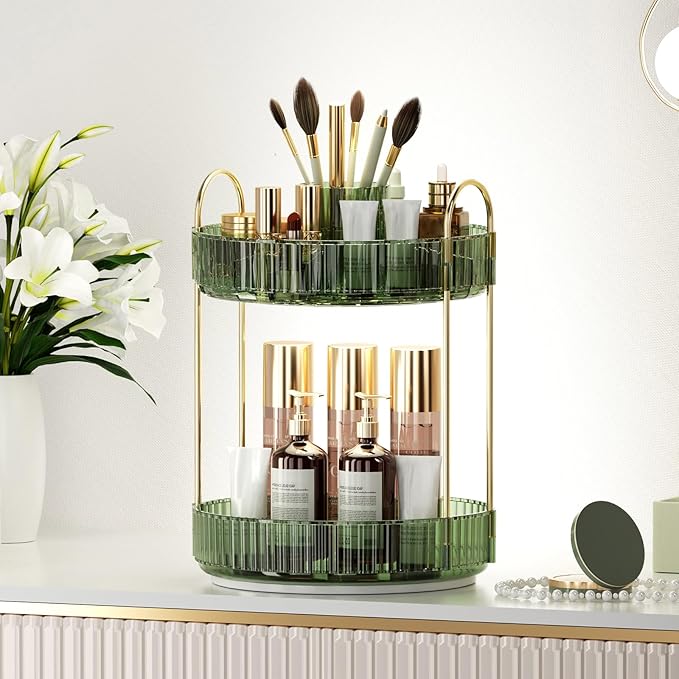 360° Rotating Makeup Organizer, Upgraded 2 Tier Skincare Perfume Organizers for Women, Bathroom Organizer Countertop, Clear Cosmetic Dresser Organizer with Makeup Brush Holder, Sink&Counter (Green)