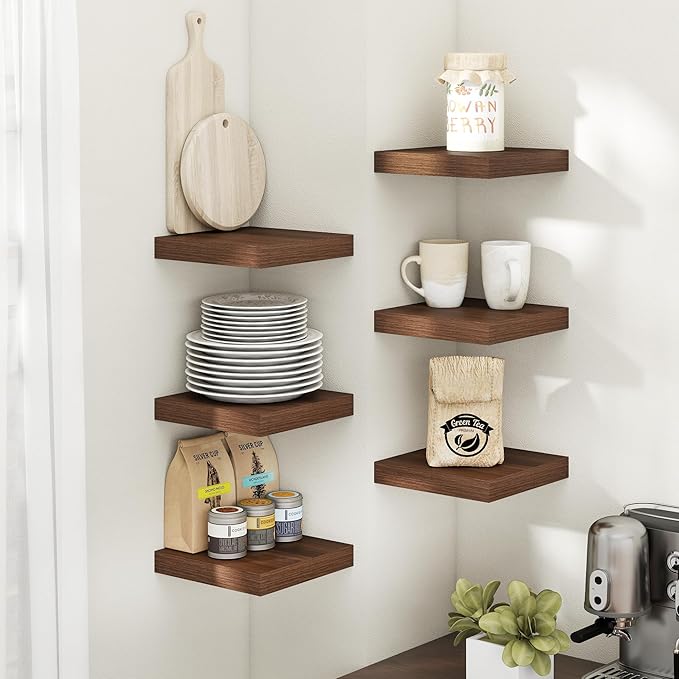 8 Inch Square Floating Shelves for Wall 3 Pack, 8"D Wood Grain Bathroom Shelves with Invisible Brackets, Easy Install Engineered Wood Storage Shelves for Kitchen, Living Room, Bedroom, Walnut Finish