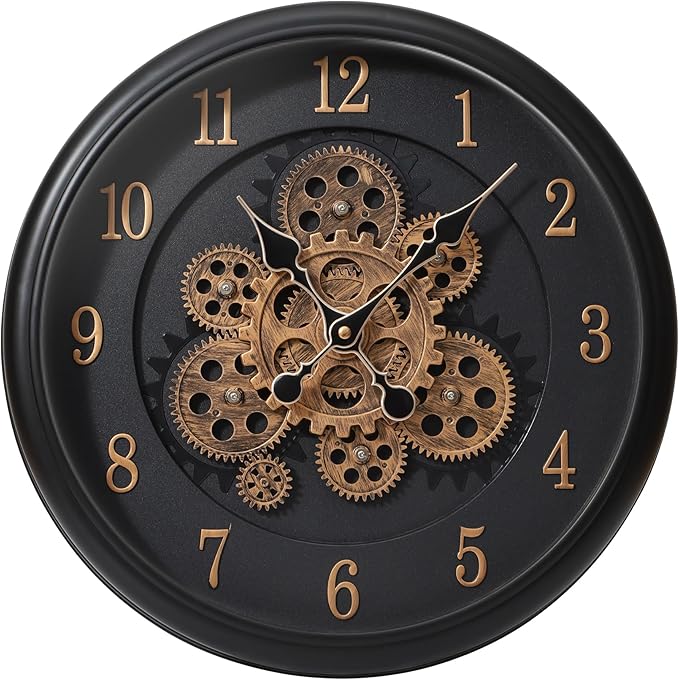 Maxstar Large Moving Gear Wall Clock,16" Vintage Mechanical Battery Operated Industrial Wall Clocks for Farmhouse Living Room,Home Office, Dinning Room, Kitchen, Steampunk Decor-Black,Arab Numeral