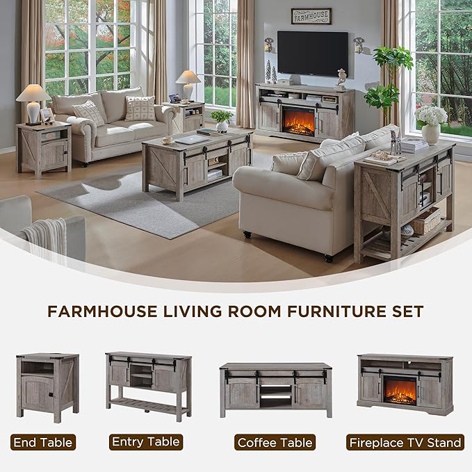 OKD Farmhouse End Table with Charging Station, 18" Rustic Nightstand with Adjustable Storage Shelf, Wood Rustic Wood Sofa Side Table for Bedroom