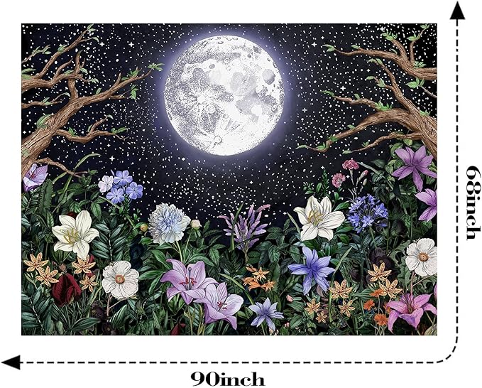 Neasow Aesthetic Moon Garden Tapestry Wall Hanging, Night Landscape with Colorful Plants Floral Tapestries for Bedroom Home Decor Multi Color 68×90 inch (172.5cm×230cm)