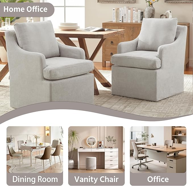 VKNOW Upholstered Dining Chairs Set of 2, Modern Kitchen Chairs Dinner Chairs with 4 Casters, Linen Armchair for Bedroom Reading Room Living Room, Light Grey