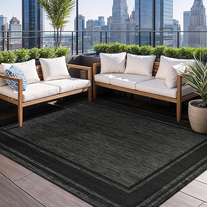 Beverly Rug Large Outdoor Rug 10x14 Modern Bordered Area Rugs for Indoor and Outdoor Patio Deck Porch Garden Waterproof Weather Sun Resistant Washable Outside Carpet (10 x 14 Black)