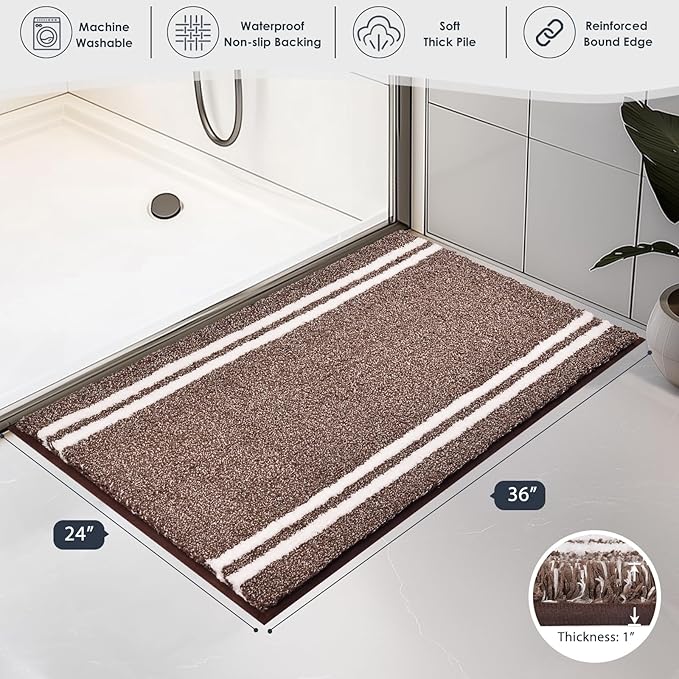 PURRUGS Bathroom Rug Non-Slip Machine Washable 24" x 36", Super Absorbent and Quick Dry Shaggy Microfiber Bath Mat, Extra Soft and Plush Bath Rug for Bathtub, Shower and Sink, Brown