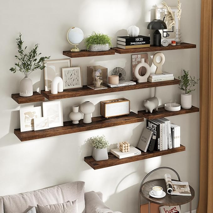 48 Inch Floating Shelves for Wall Set of 2, 8"D Wood Grain Bathroom Shelves with Invisible Brackets, Easy Install Engineered Wood Storage Shelves for Kitchen, Living Room, Bedroom, Rustic Brown Finish