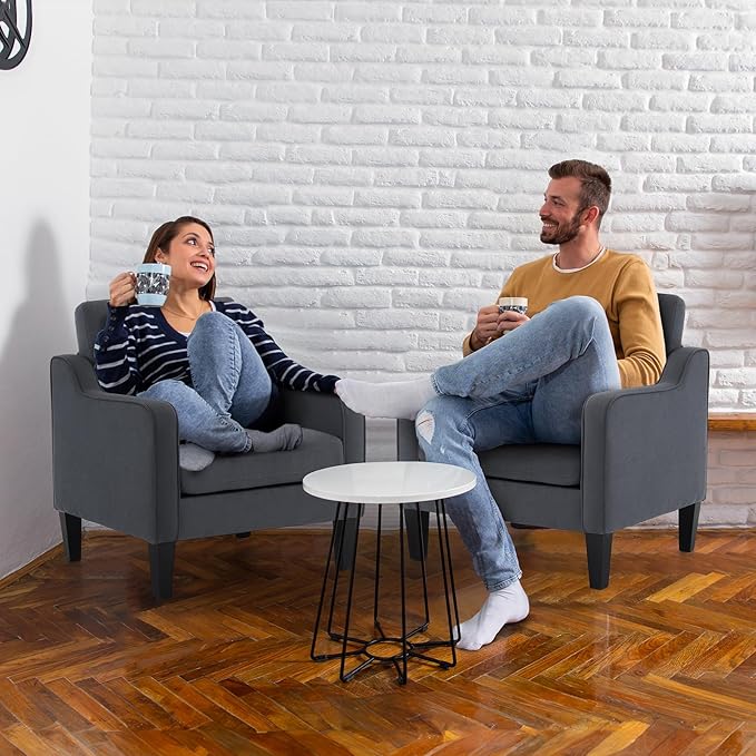 VINGLI Accent Chairs Set of 2 Living Room Chairs Dark Grey Reading Chair for Bedroom Scooped Arm Chair Mid Century Modern Linen Chairs Upholstered Comfy Chair for Apartment, Waiting Room