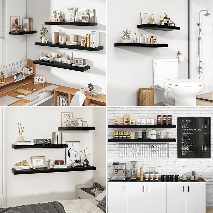 RICHFOCUS 48Inch Floating Shelves for Wall 1 Pack Shelves for Bedroom|Kitchen|Bathroom Wall Mounted Rustic Wood Floating Shelf with Invisible Brackets for Books|Storage|Decor, Black
