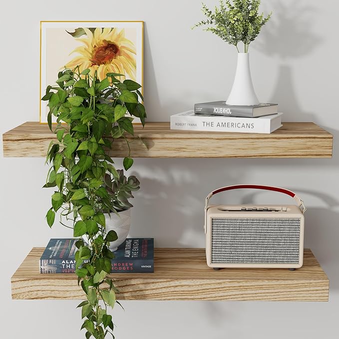Axeman Floating Shelves, 2 Pack 8 Inch Deep Modern Solid Wood Wall Shelves for Storage, Wall Mounted Display Shelving with Invisible Heavy-Duty Metal Bracket, 24" W x 8" D x 1.6" H, Light Carbonized