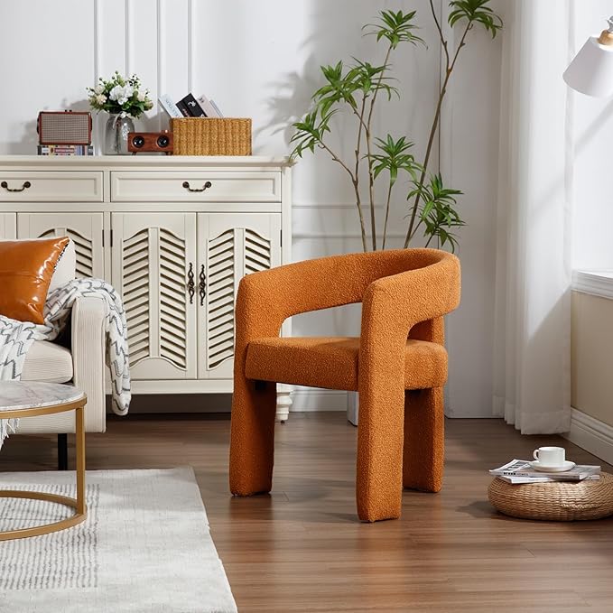 Orange Sherpa Dining Chairs Set of 2, Modern Barrel Dining Room Chairs Upholstered Faux Fur Accent Chair with Arms and Round Back for Living Room Kitchen Armchair No Assembly Needed