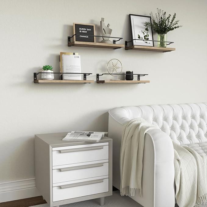 RICHER HOUSE 4-Piece Bathroom Paulownia Wood Shelves Set, Wall Mounted, Protected Guardrail, 20 lbs Weight Capacity - Carbonized Black