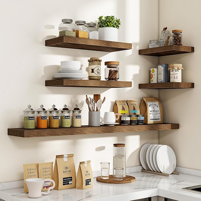 24 Inch Floating Shelves, 24"x9.25"x1.5" Inch Deep Floating Shelves for Wall, Wooden Shelves for Bathroom, Bedroom, Living Room, Brown, 2 Pieces
