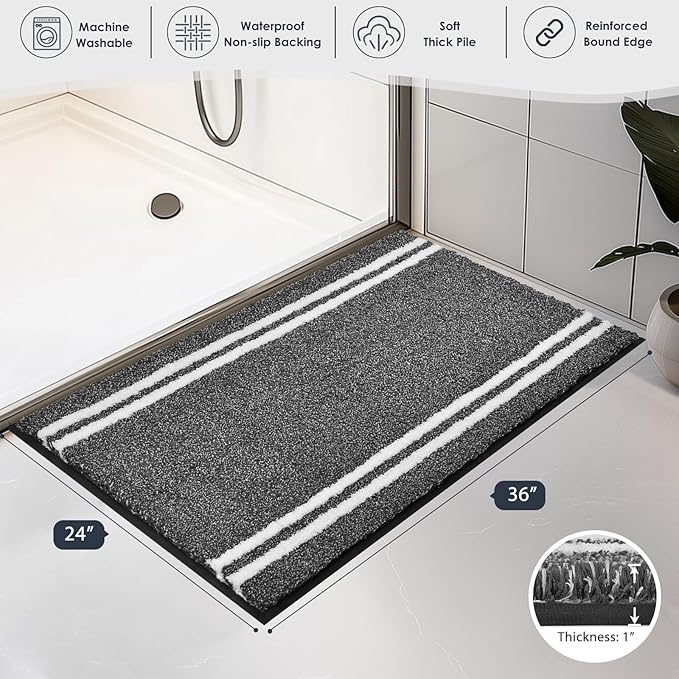 PURRUGS Bathroom Rug Non-Slip Machine Washable 24" x 36", Super Absorbent and Quick Dry Shaggy Microfiber Bath Mat, Extra Soft and Plush Bath Rug for Bathtub, Shower and Sink, Charcoal