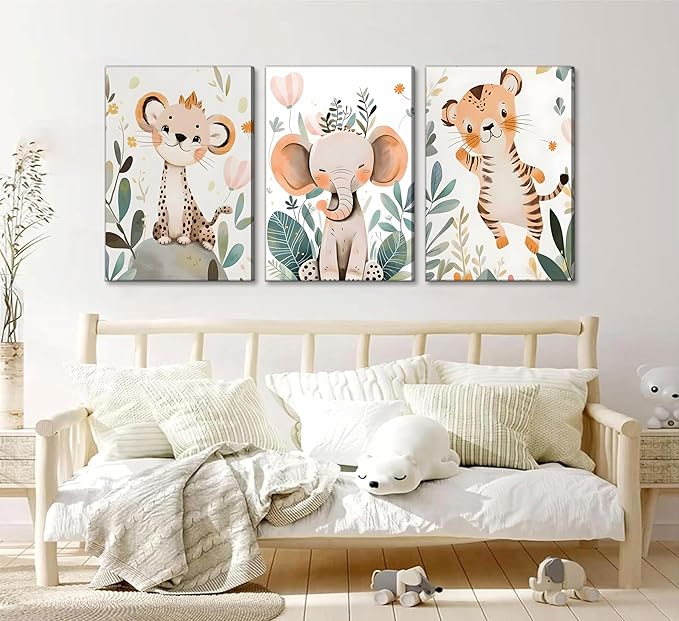 3 Pcs Safari Animals Nursery Canvas Wall Art Jungle Animals Cheetah Elephant Tiger Kids Room Illustration Pictures Wall Decor Posters Print Artwork for Classroom Boy's Girl's Room Bedroom