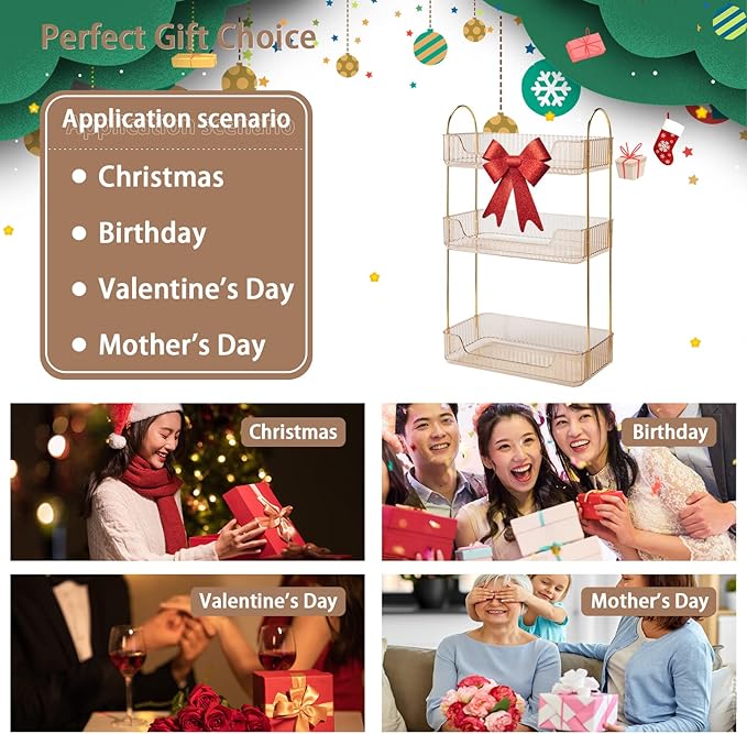 Bathroom Counter Organizer - Countertop Storage, Cosmetics & Skincare Shelf, Makeup Organizer, Perfume Tray, Spice Rack - 3 Tier Gold