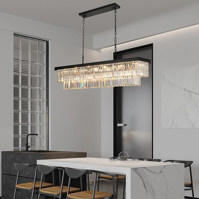 Crystal Chandeliers for Dining Room Light Fixtures Over Table,18-Lights Black Modern Rectangle Chandeliers for Kitchen Island Bar L46 Inch