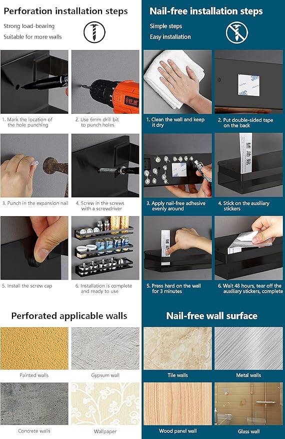 Rustproof Metal Storage Floating Shelves Wall Mounted Rectangular Shelf for Bedroom,Bathroom, Living Room, Kitchen, and Laundry Room,Nail-Free Wall-Mounted Shelves(15.75 Inch Black)