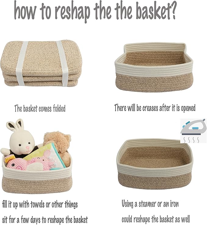 Small Woven Storage Baskets 12“X8”X5“ Decorative Rope Bins for Organizing Shelves, Closets, and Toys, Empty Gift Baskets, Cute Organizer Basket for Home and Office (white and brown regular)