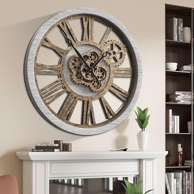 The B-Style Large Wall Clock 24 inch Moving Gear Wall Clock Oversized Vintage Farmhouse Wall Clocks for Living Room Decor Rustic Industrial Wood Clock (Silver Gray, 18 inch/46cm)