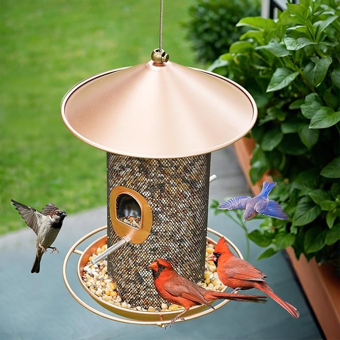 Bird Feeder for Outdoor, Metal Wild Bird Feeder Hanging Outside, 7.5" Copper Roof and 360 Degree Feeding Tray with 2 Extra Feeding Ports, 3 Lbs Bird Seeds Capacity