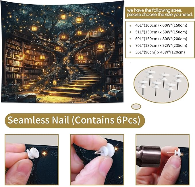 HVEST Fantasy Library Bookshelf Tapestry Wall Hanging Fairytale Tree Magic Bookshelf Tapestry Aesthetic Retro Vintage Tapestries for Bedroom Living Room Dorm, 51L x 59W Inches