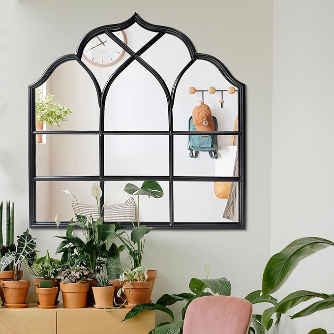 Window Mirror Pane, Black Metal Frame, Cathedral Arched Wall Mirrors Decorative Over Fireplace Mantel, Farmhouse Decorations for Dining Living Room Hallway Entryway