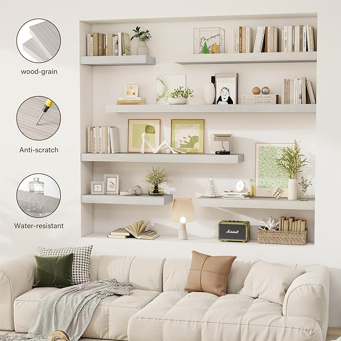 12 Inch Floating Shelves, 12" Deep Floating Shelf Wall Mounted, 12" Wall Shelves, Rustic Deep Bookshelf, Extra Deeper Display Shelves & Storage Shelves for Bedroom, Living Room, Set of 3