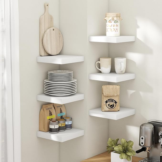 8 Inch Square Floating Shelves for Wall 3 Pack, 8"D Wood Grain Bathroom Shelves with Invisible Brackets, Easy Install Engineered Wood Storage Shelves for Kitchen, Living Room, Bedroom, White Finish