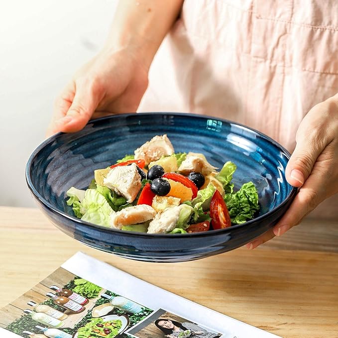 Pasta Bowls 32 OZ,Ceramic Salad Serving Bowls Set of 4,Large 8.7 inch Shallow Bowls Plates for Soup,Fruit,Noodle,Dinner,Dishwasher & Microwave Safe,Navy Blue