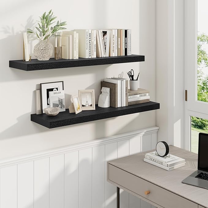 36 Inch Floating Shelves, 9.3 Inch Deep Rustic Wall Shelves - Extra Deeper Wall Mounted Storage Shelves for Bathroom, Kitchen, Living Room (Black, Set of 2)