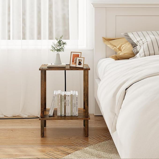 TUTOTAK End Table with Charging Station, Small Side Table with Outlets, Nightstand Bedside Table, 2-Tier Storage Shelf for Small Space, Living Room, Bedroom, Brown TB01BB040C