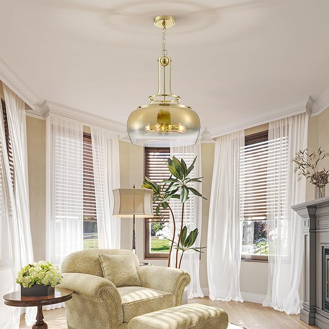 WUZUPS Gold Chandelier Rustic Farmhouse Industrial Round Ceiling Pendant LED Light Fixture with Gradient Glass Shade for Dining Room Kitchen Island Foyer Entryway, H 20.9" W 15.9", E26 Base