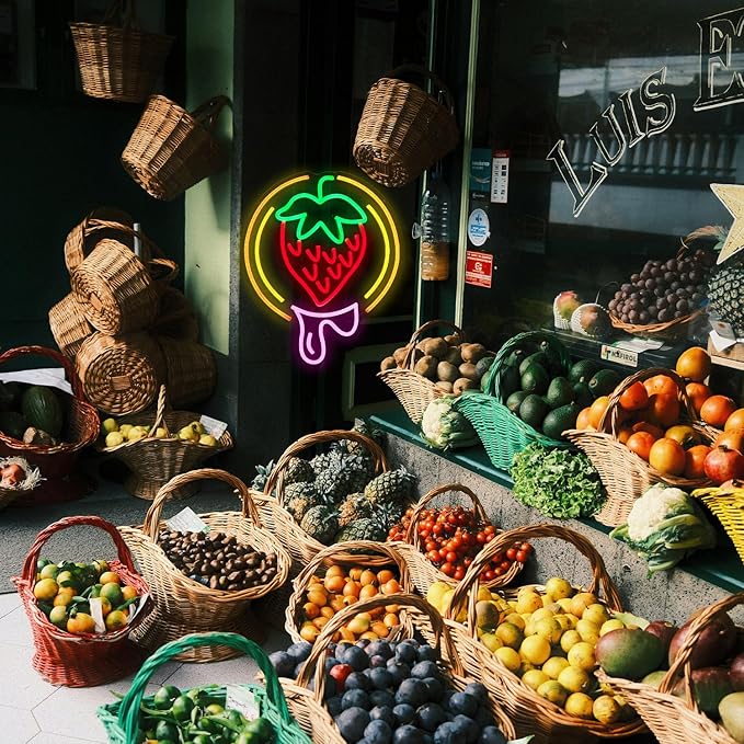 Strawberry Neon Sign USB Powered Sweet Fruit Led Light Up Sign Dimmable Funny Neon Light Wall Decoration for Home Kitchen Fruit Market Dessert Shop Farmhouse Restaurants