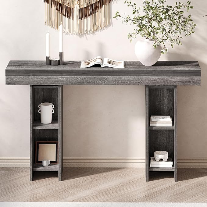 55Inch Farmhouse Console Table,Wooden Rectangular Sofa Table Behind The Couch,Entryway Console Table with Storage for Living Room, Hallway,Entrance (Grey)