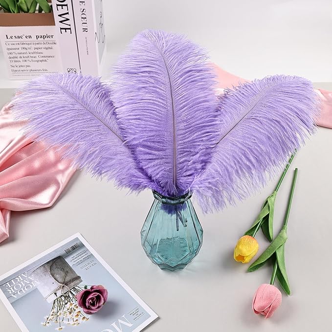 THARAHT Lavender Ostrich Feathers 12pcs Natural Bulk 8-10Inch 20cm-25cm for Crafts Wedding Party Centerpieces Flower Arrangement Easter Gatsbi and Home Decoration Feather