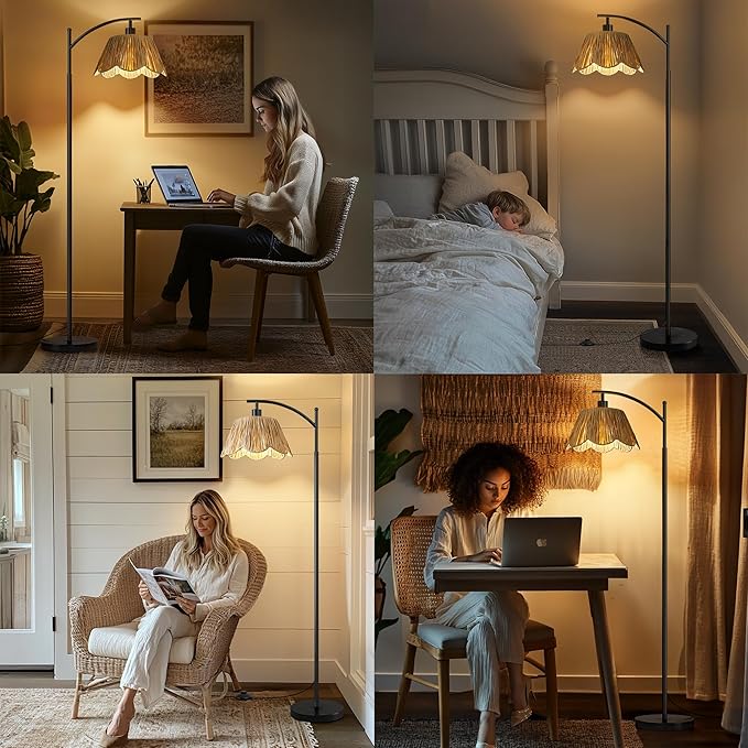 Oneach Arc Floor Lamp for Living Room,Rattan Boho Floor Lamp with Hand-Woven Wicker Shade, Foot Switch,Black Metal Base & Pole,Farmhouse Standing Lamp for Bedroom Corner,Reading