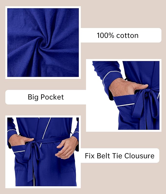 COLORFULLEAF Mens 100% Cotton Robes Lightweight Summer Long Bathrobe Sleepwear Soft Knit Spa Robe with Pockets
