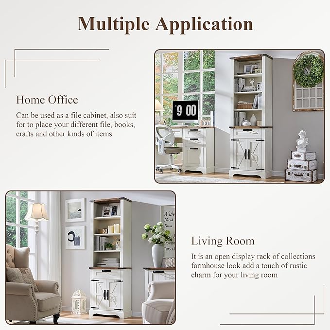 OKD 72'' Tall Bookshelf with Storage, Farmhouse 4 Tier Bookcase with Barn Door, Adjustable Shelves and Drawers, Rustic Wooden Office Bookshelves for Home Bedroom, Living Room, Library Antuique White