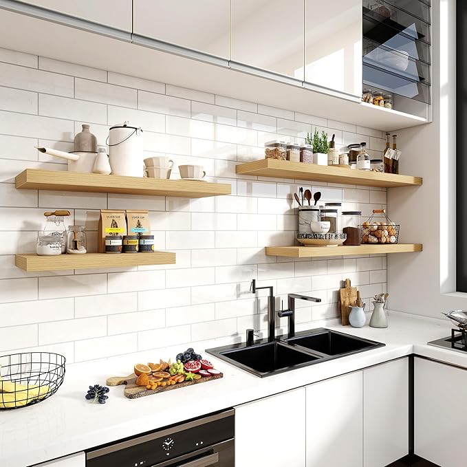 55 Inch Floating Shelves, 12 Inch Deep Floating Shelves for Wall, Floating Shelf with Invisible Brackets, Deep Shelves for Bathroom, Bedroom, Living Room, 1 Pack, Natural