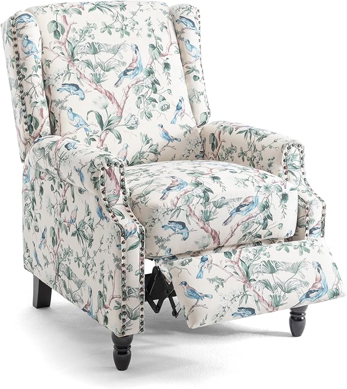UIXE Floral Pushback Recliner Chair, Fabric Upholstered Armchair Push Back Accent Chair for Living Room, Rivet Trim Club Chair Home Theater Single Sofa Reading Seat - Bird