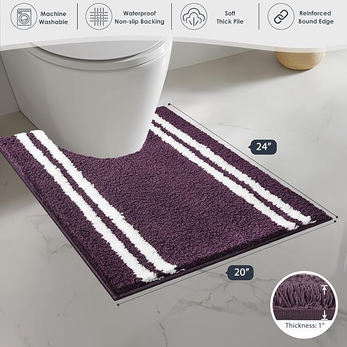 PURRUGS Bathroom Rug Non-Slip Machine Washable 20" x 24" U-Shaped, Super Absorbent and Quick Dry Shaggy Microfiber Bath Mat, Extra Soft and Plush Contour Rug for Toilet Base, Purple