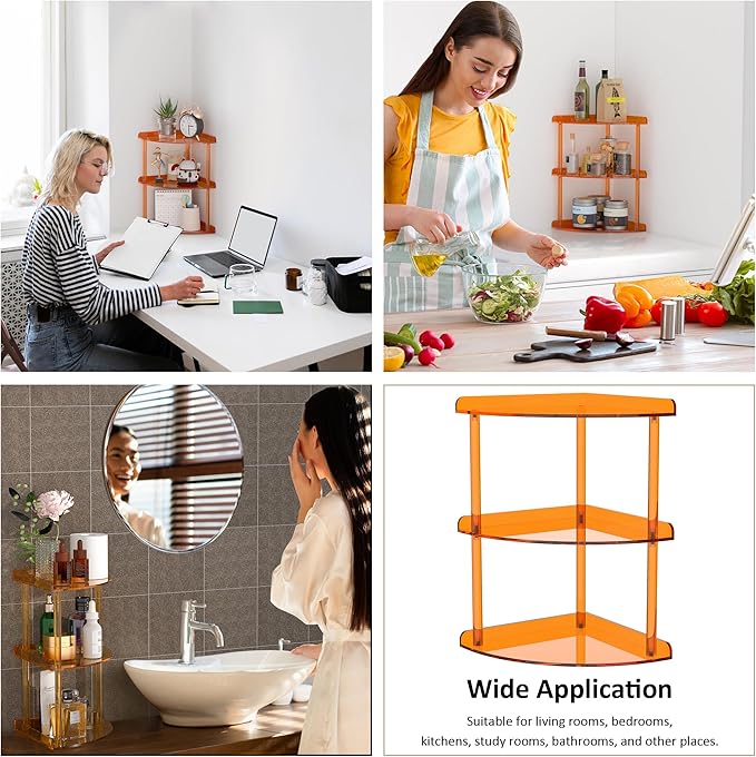 3 Tier Acrylic Corner Shelf Organizer Storage 9.5x9.5x15.7 Inch, Orange Countertop Corner Shelf for Bathroom, Kitchen, Bedroom, Office, Study Room
