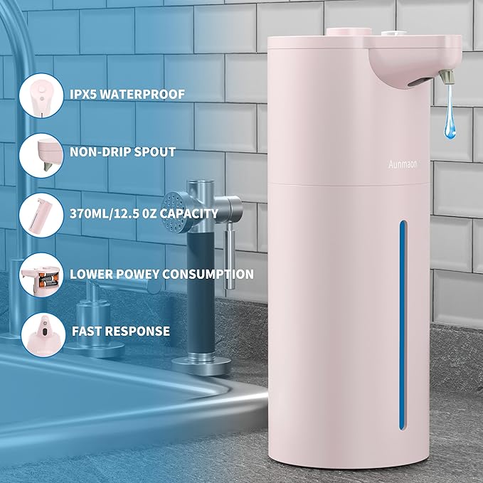 Automatic Soap Dispenser Touchless, Modern, Kitchen & Bathroom, Hands-Free, Adjustable Volume, Long Battery Life, Compatible with Thick & Thin Soap, Easy for Toddlers, Clog-Free, Pink
