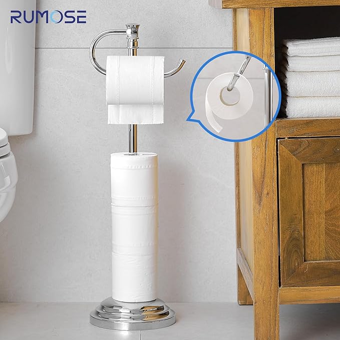 RUMOSE Toilet Paper Holder Stand for Floor, Polished Chrome Adjustable (12.4" to 22.8") Bathroom Toilet Tissue Holder, Free Standing Toilet Paper Roll Holder with Storage, Stainless Steel