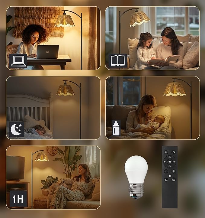 Oneach Arc Floor Lamp for Living Room with 3 Color Temperatures, Rattan Boho Floor Lamp with Hand-Woven Wicker Shade,Farmhouse Floor Lamps with Remote & Dimmable Bulb, Suitable for Bedroom(Black)