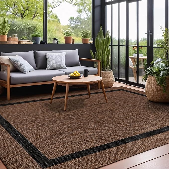 Bordered Outdoor Rug 10x14 Washable Outside Carpet for Indoor Patio Porch Waterproof Easy Cleaning Non Shedding Area Rugs Nut Brown - Black 10 x 14
