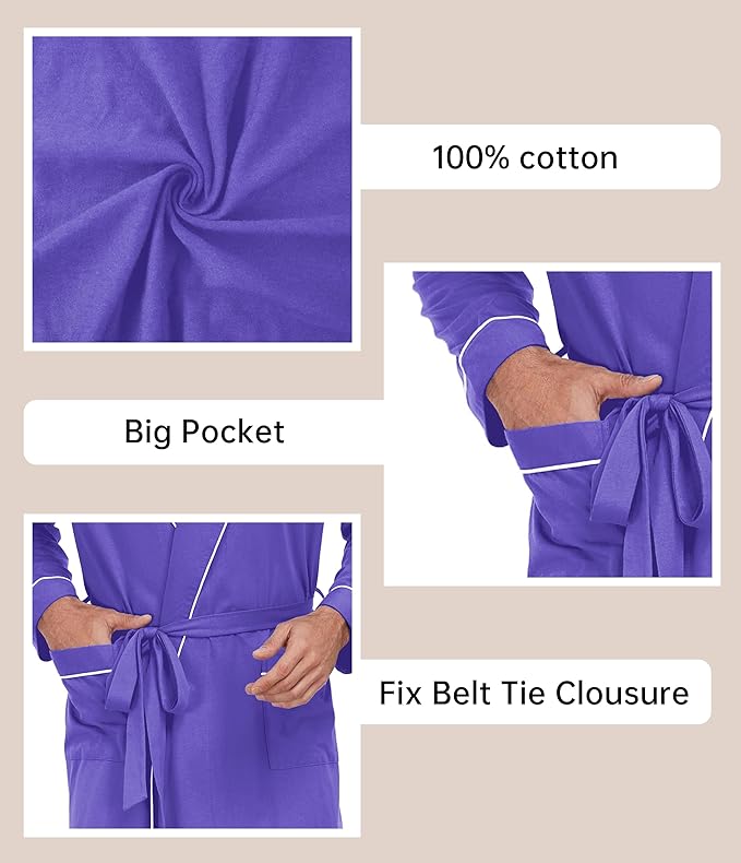 COLORFULLEAF Mens 100% Cotton Robes Lightweight Summer Long Bathrobe Sleepwear Soft Knit Spa Robe with Pockets