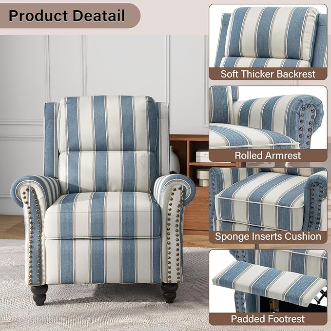 UIXE Pushback Recliner Chairs Set of 2, Fabric Overstuffed Armchair Push Back Accent Chair for Living Room, Rivet Trim Club Chair Home Theater Bedroom Side Reading Seats - Strip Navy